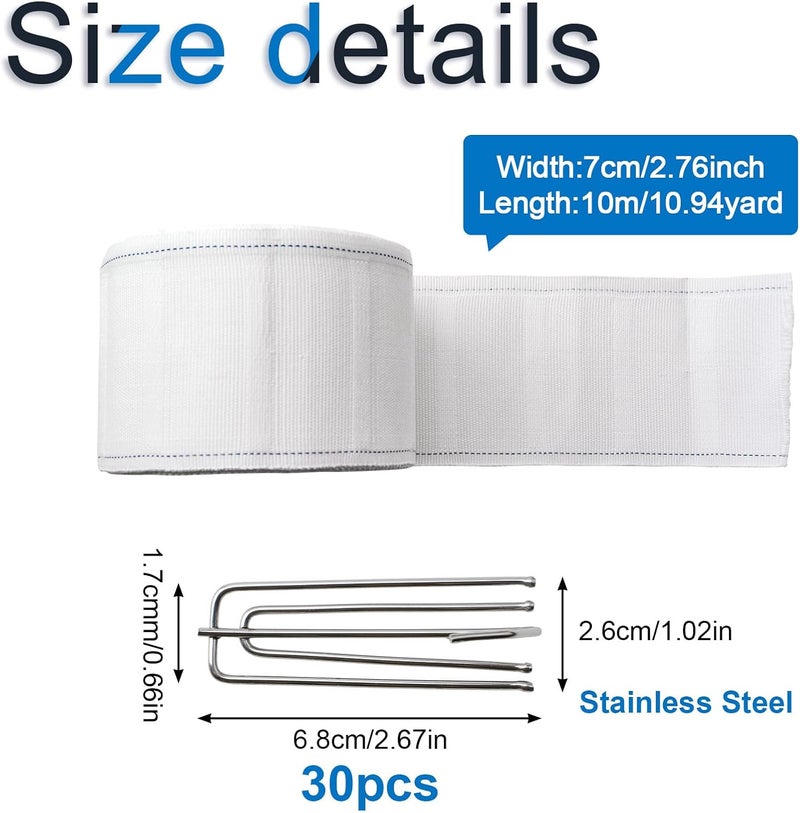 INCREWAY Curtain Accessory, 10 Meters/10.9 Yards White Curtain Tape Curtain Heading Deep Pinch Pleat Tape with 30 Pcs Stainless Steel 4 Prong Curtain Pleater End Tape Hooks Clips for Curtain DIY - Image 2